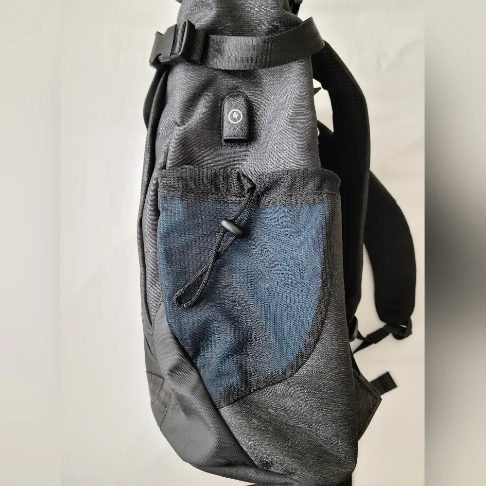 Men's Black Urban Roll-Top Backpack with Multiple Pockets